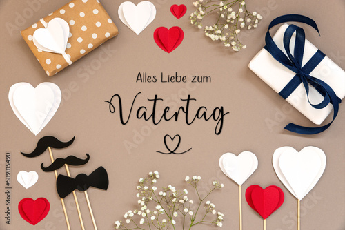 Flat Lay With Accessories, Gifts, Hearts, Text Vatertag Means Fathers Day
