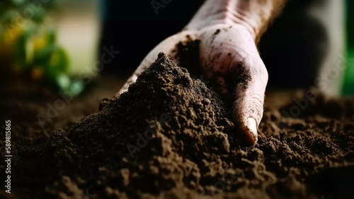 Black soil in man hands Organic gardening with Generative AI.