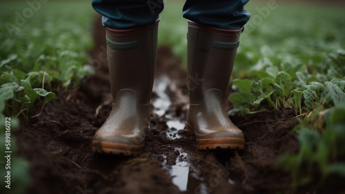 a farmer's feet in rubber boots in field plants with Generative AI.