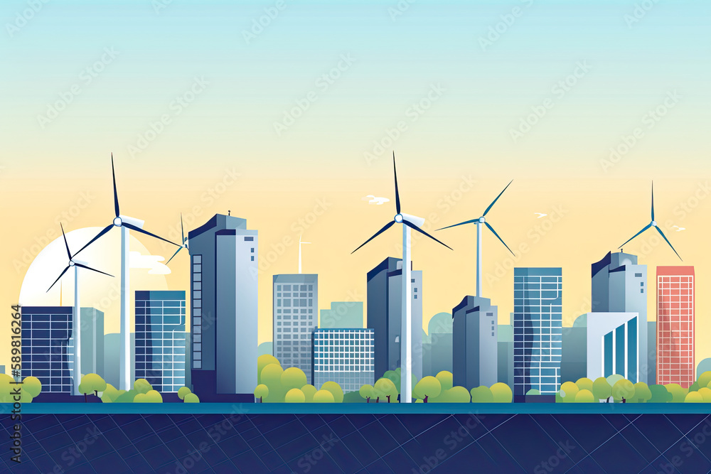 City skyline renewable energy solutions windmills solar, generated AI, generated, AI