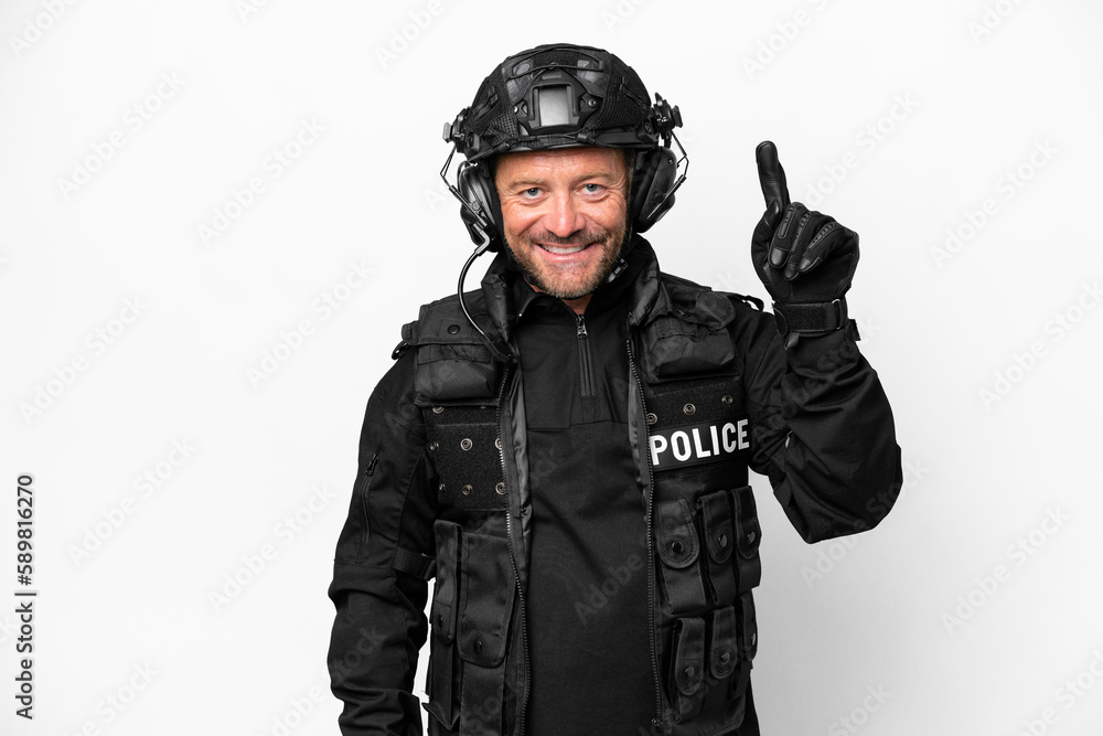 Middle age SWAT man isolated on white background showing and lifting a finger in sign of the best Middle age SWAT man isolated on white background showing and lifting a finger in sign of the best