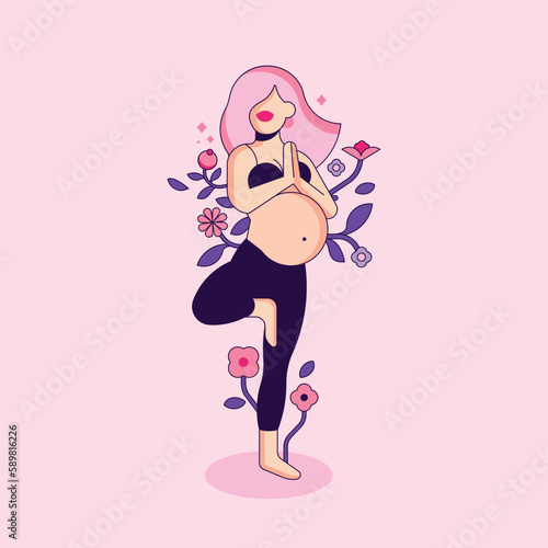 The Pregnant Girl stands in Vrikshasana Tree Pose. Minimalistic Geometric Woman. Floral Background. Balancing Asana. Yoga Exercise. Flat cartoon vector illustration with stroke.