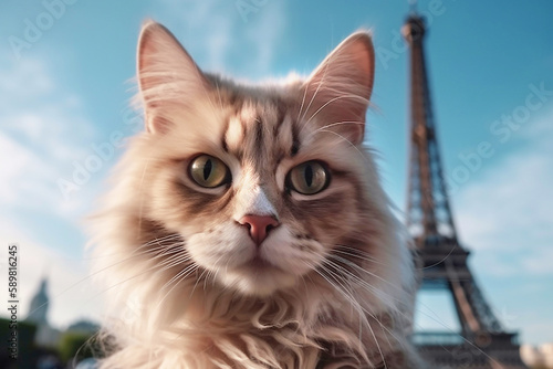 Portrait of traveler cat against the backdrop of the Eiffel tower, created with Generative AI technology.