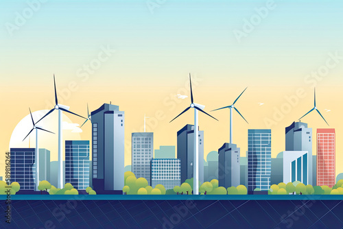 City skyline renewable energy solutions windmills solar, generated AI, generated, AI