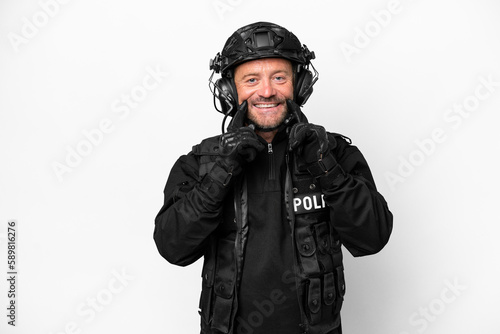 Middle age SWAT man isolated on white background smiling with a happy and pleasant expression