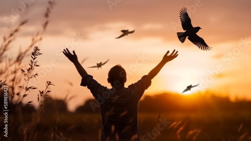 Man open his arm and free bird enjoying nature on beautiful sunset background with Generative AI.