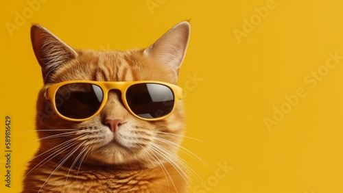 Portrait of a funny ginger cat wearing sunglasses isolated on yellow background with Generative AI .