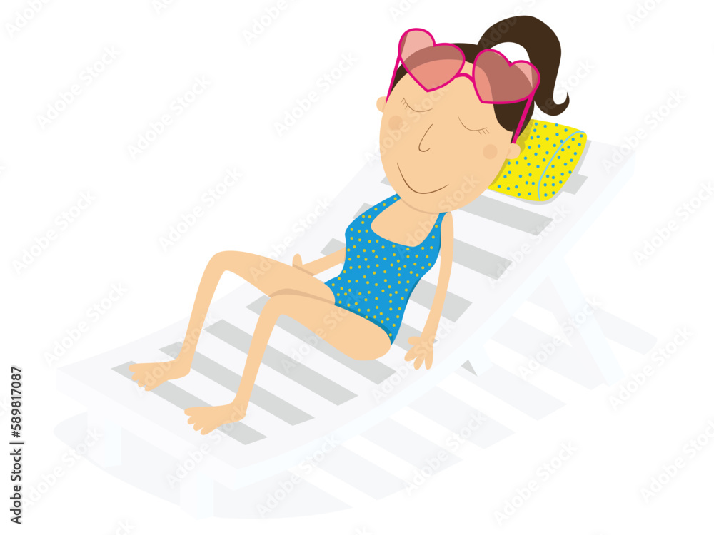 Woman sunbathing and tanning lying on a white beach chair Woman sunbathing and tanning lying on a white beach chair