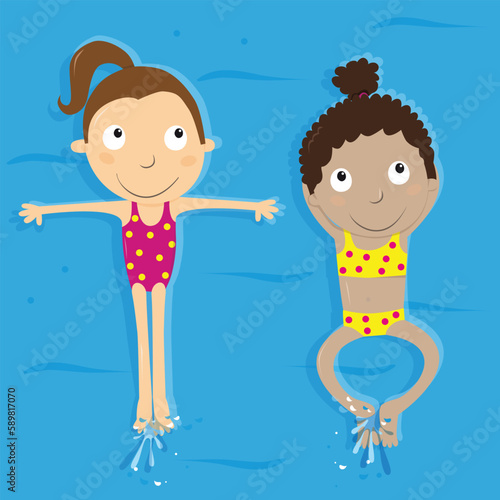 Girls floating on water. Summer vacation.