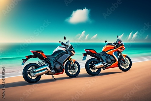 Motorcycle park in sea beach, Enjoying summer vacation with riding motorcycles, summer sea beach and mountain Ai generated 