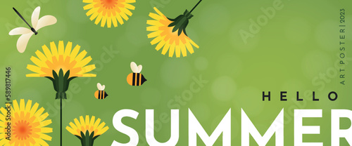 Banner hello summer with dandelions. Bright yellow dandelions, two bees and a dragonfly. Summer illustration for banner, poster or flyer.