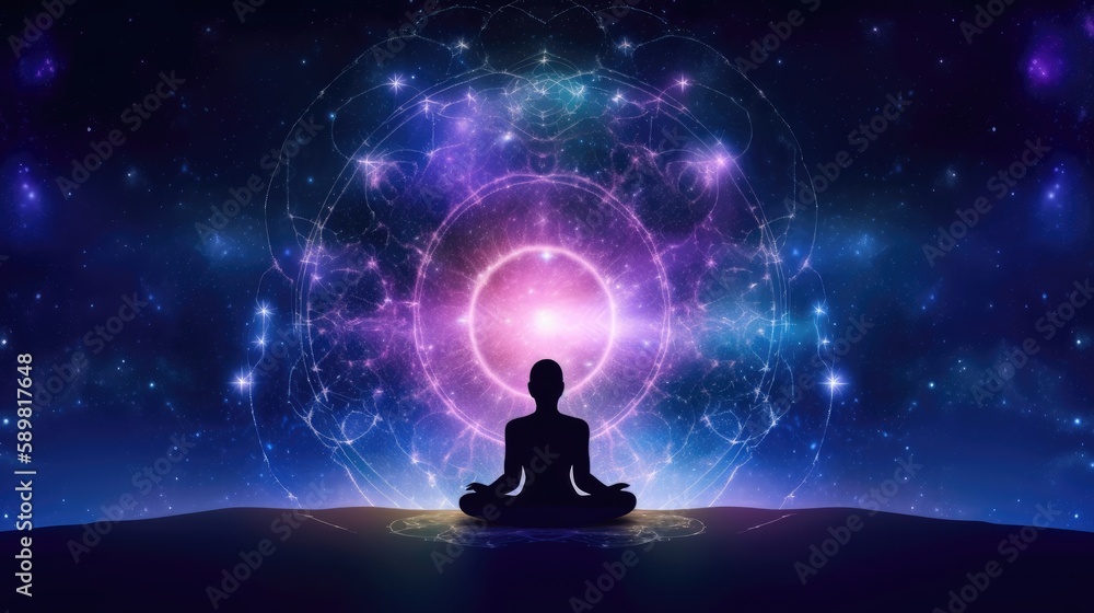 Universe cosmos with person meditation chakras prana. Generative AI