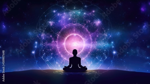 Universe cosmos with person meditation chakras prana. Generative AI