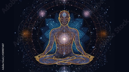 Universe cosmos with person meditation chakras prana. Generative AI photo