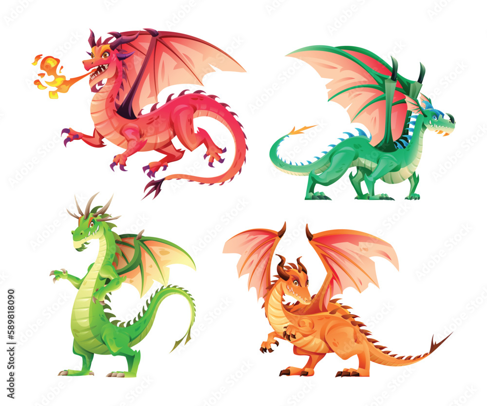 Set of cartoon dragon characters vector illustration Stock Vector ...