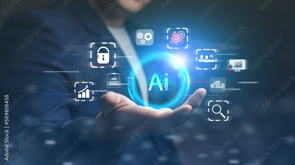 AI technology, artificial intelligence. Business people show virtual work management system analysis results report by using data from a global network to process.