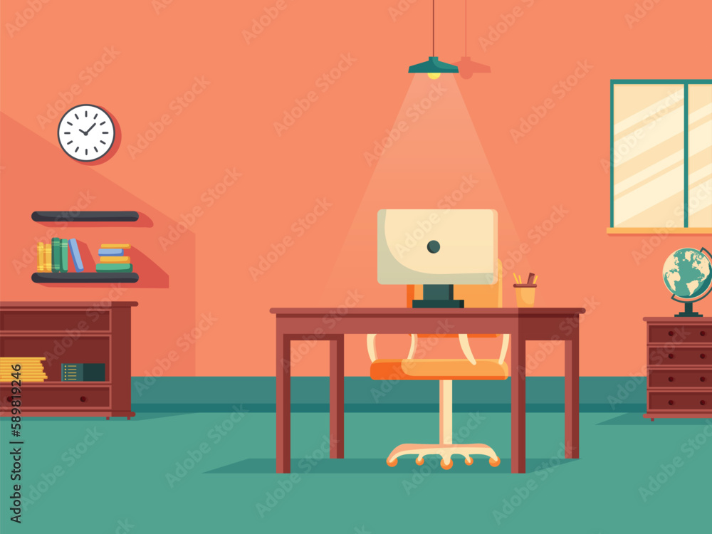 Fototapeta premium Study Room or Office Necessary Furnishing As Table, Chair, Drawer, Bookshelves, Computer, Wall Clock, Ceiling Lamp And Window In Interior View.