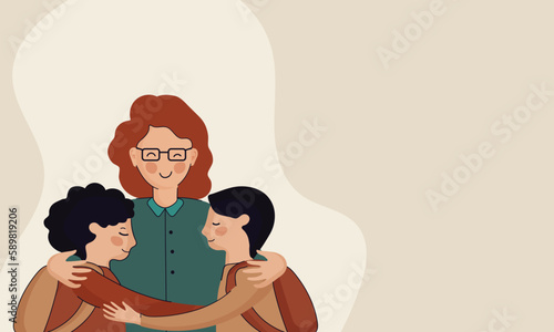 Young Woman Character Hugging Her Students On Beige Background And Copy Space.
