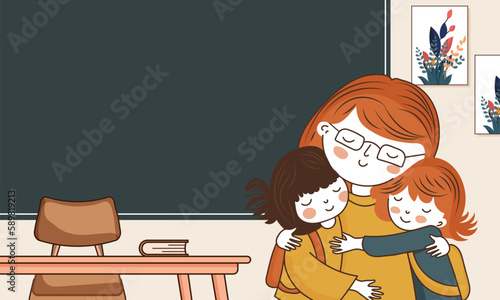 Female Teacher Character Hugging Her Students In Classroom Interior View.