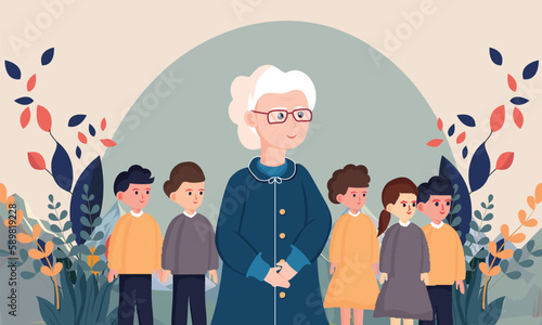 Elderly Woman And Children Character Standing Together On Nature Background.