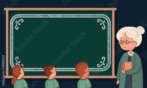 Female Teacher Character Standing In Front of Pupils Near Empty Chalkboard In Classroom.