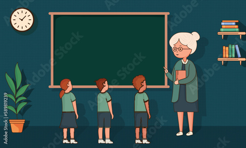 Female Teacher Character Giving Instructions To Her Students In Front of Empty Green Board In Classroom Interior View.