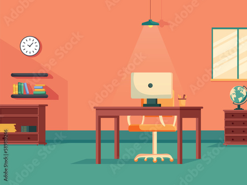 Study Room or Office Necessary Furnishing As Table, Chair, Drawer, Bookshelves, Computer, Wall Clock, Ceiling Lamp And Window In Interior View.