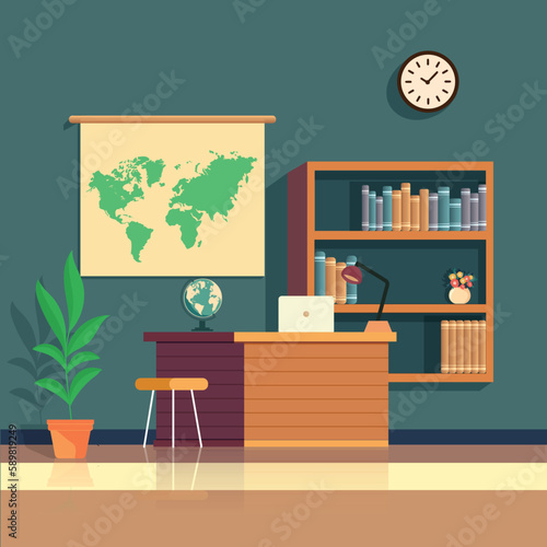 Study Room or Classroom Interior View With Desk, Table Lamp, Laptop, Earth Globe Stand, Bookshelves, Plant Pot, Wall Clock And World Map Illustration.