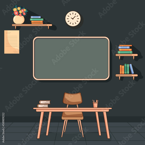 Study Room or Classroom Necessary Furnishing As Table, Chair, Empty Board, Wall Clock, Bookshelves, Flowers Pot In Interior View.
