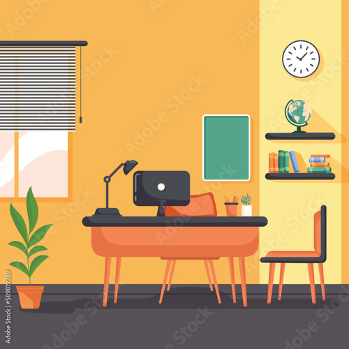 Classroom or Study Room Necessary Furnishing As Desk, Computer, Table Lamp, Pen Holder, Bookshelves, Empty Board, Wall Clock And Roller Blinds Window.