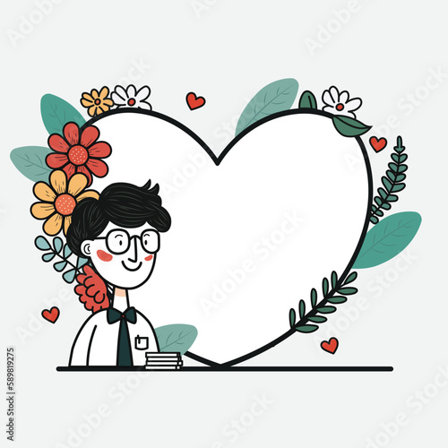 Vector Illustration of Smiley Young Man Character And Empty Heart Frame Decorated By Floral.