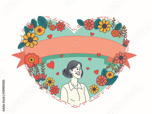 Doodle Style Cheerful Young Woman Character With Decorative Floral Heart Shape And Empty Ribbon On White Background.