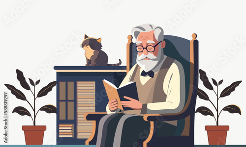 Elderly Man Character Reading Book On Chair, Plant Pots And Cat Sitting At Bookshelves Illustration.