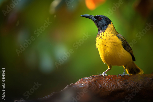 black-faced honeycreeper - rare bird on a branch of an old tree in the rainforest, generative ai