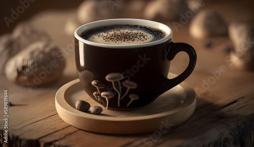 Mushroom coffee in a cup on wooden background. close-up