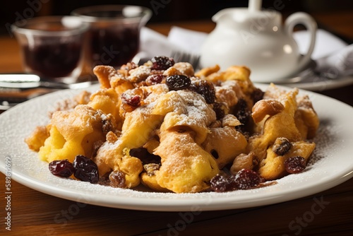 Kaiserschmarrn sweet cut-up pancake with raisins, ai generated, Generative AI