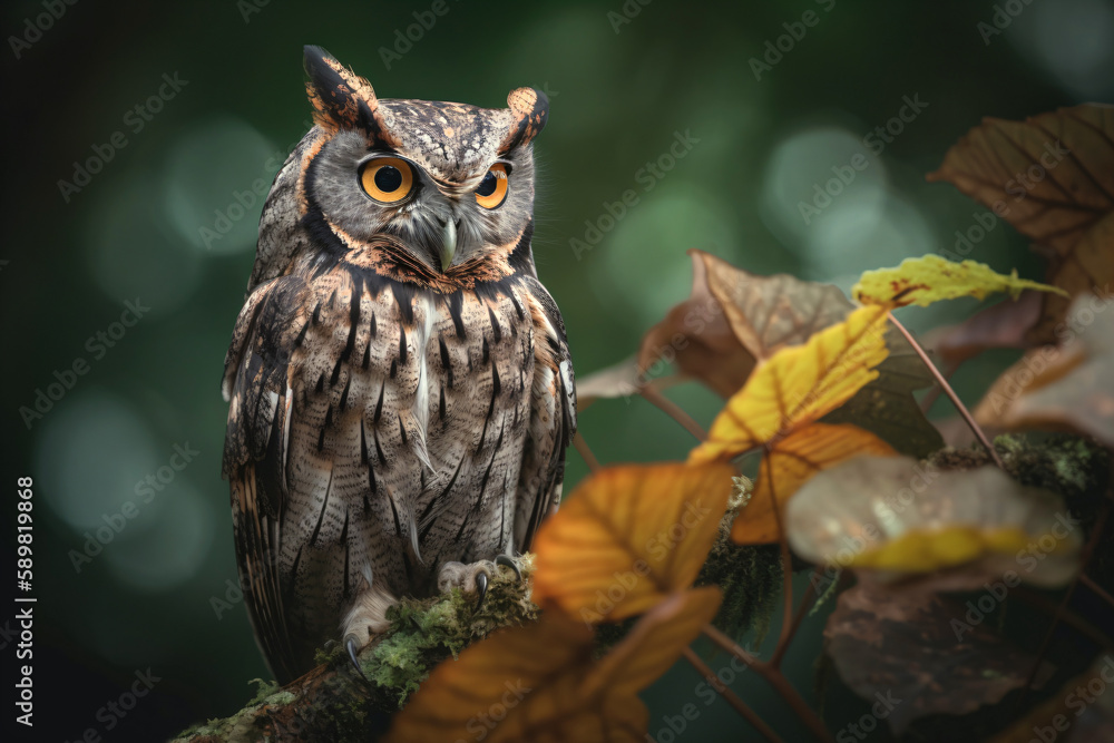 principe scops owl - rare bird on a branch of an old tree in the rainforest, generative ai principe scops owl - rare bird on a branch of an old tree in the rainforest, generative ai
