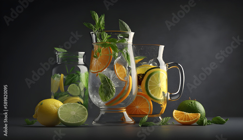 Summer healthy lemonade, cocktails of citrus-infused water or mojitos, with lime lemon orange, ice and mint, diet detox beverages, in glasses on grey background