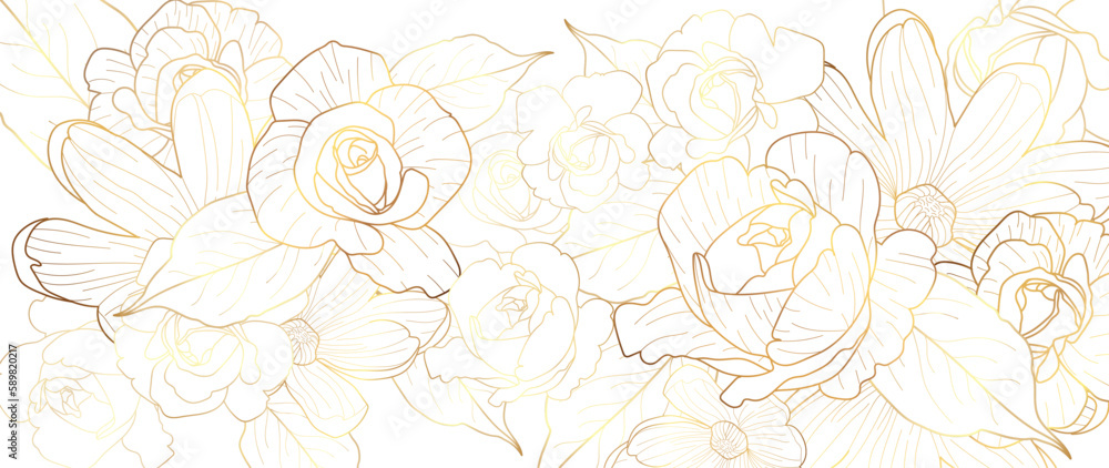 Fototapeta premium Luxury golden rose flower line art background vector. Natural botanical elegant flower with gold line art. Design illustration for decoration, wall decor, wallpaper, cover, banner, poster, card.
