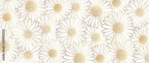 Luxury golden daisy flower line art background vector. Natural botanical elegant flower with gold line art. Design illustration for decoration, wall decor, wallpaper, cover, banner, poster, card.