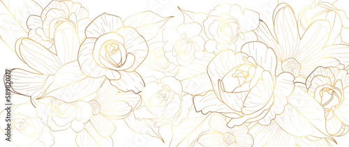 Luxury golden rose flower line art background vector. Natural botanical elegant flower with gold line art. Design illustration for decoration, wall decor, wallpaper, cover, banner, poster, card.