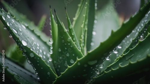 Closeup of aloe tropical plant leaves with rain drops. Green natural backdrop. Generative AI