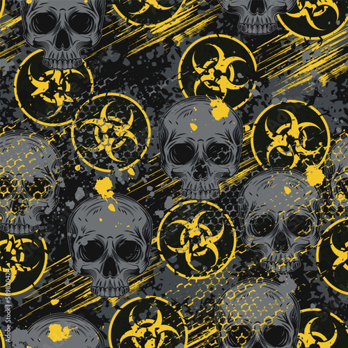 Seamless bright camouflage pattern with Biological hazard symbol, paint brush strokes, skull, hexagon net. For apparel, fabric, textile, sport goods. Grunge texture