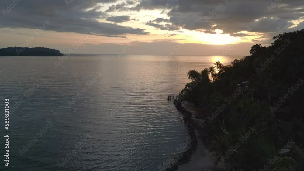 Coconut palm silhouette at sunset beach. Perfect aerial view flight drone Coconut palm silhouette at sunset beach. Perfect aerial view flight drone