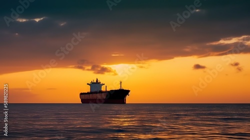 Low angle view on huge fuel tanker ship in the sea on sunset. Generative AI