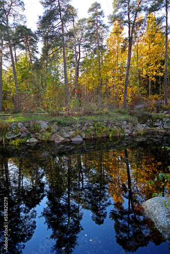 Natural park Monrepos near the city of Vyborg, Russia. Bright autumn landscapes of the unique nature of the northern bay of the Gulf of Finland.