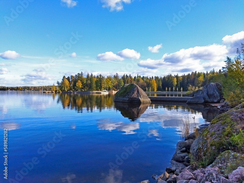 Natural park Monrepos near the city of Vyborg, Russia. Bright autumn landscapes of the unique nature of the northern bay of the Gulf of Finland.