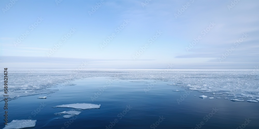 Winter sea landscape with floating ice fragments on still cold water. Generative AI Winter sea landscape with floating ice fragments on still cold water. Generative AI