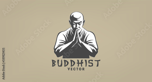 Vector portrait of Asian praying buddhist monk with bald head on isolated background. Logo, sticker or icon.
