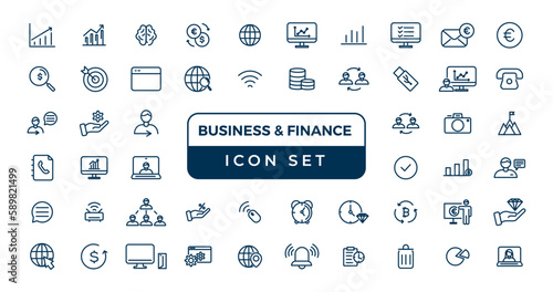   business and finance editable stroke line icon set with money, bank, check, law, auction, exchance, payment, wallet, deposit, piggy, calculator, web and more isolated outline thin symbol.